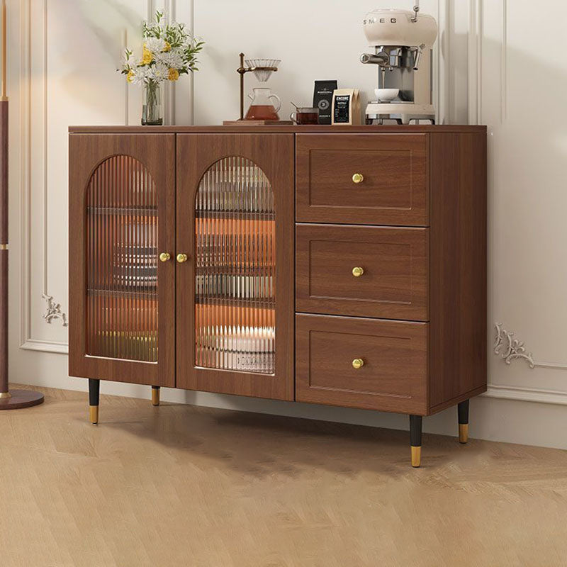 Traditional Rustic Rectangular Plywood Glass Faux Rattan Weaving Large Capacity Storage Cabinet 3-Drawer For Living Room