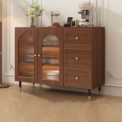 Traditional Rustic Rectangular Plywood Glass Faux Rattan Weaving Large Capacity Storage Cabinet 3-Drawer For Living Room