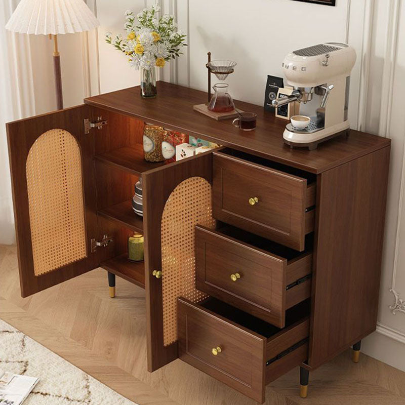 Traditional Rustic Rectangular Plywood Glass Faux Rattan Weaving Large Capacity Storage Cabinet 3-Drawer For Living Room