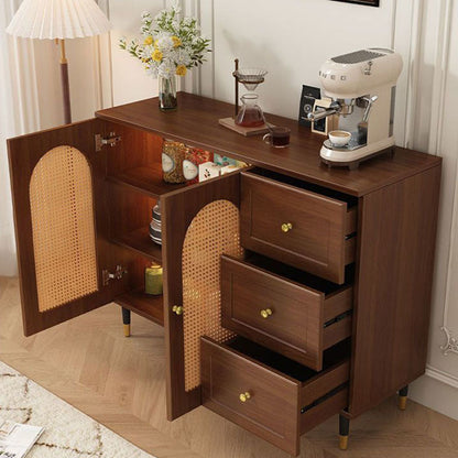 Traditional Rustic Rectangular Plywood Glass Faux Rattan Weaving Large Capacity Storage Cabinet 3-Drawer For Living Room