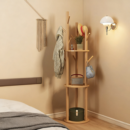 Modern Minimalist Rotatable Disk Branch Pine Wood MDF Clothes Tree Storage Shelf 3-Tier For Hallway & Entryway