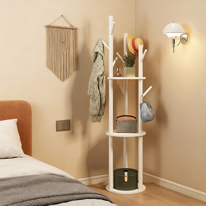 Modern Minimalist Rotatable Disk Branch Pine Wood MDF Clothes Tree Storage Shelf 3-Tier For Hallway & Entryway
