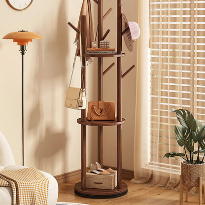 Modern Minimalist Rotatable Disk Branch Pine Wood MDF Clothes Tree Storage Shelf 3-Tier For Hallway & Entryway