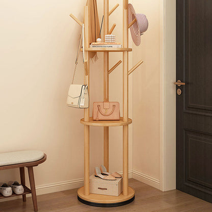 Modern Minimalist Rotatable Disk Branch Pine Wood MDF Clothes Tree Storage Shelf 3-Tier For Hallway & Entryway