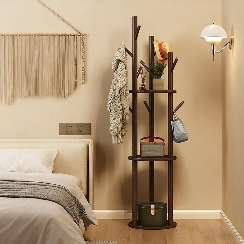 Modern Minimalist Rotatable Disk Branch Pine Wood MDF Clothes Tree Storage Shelf 3-Tier For Hallway & Entryway