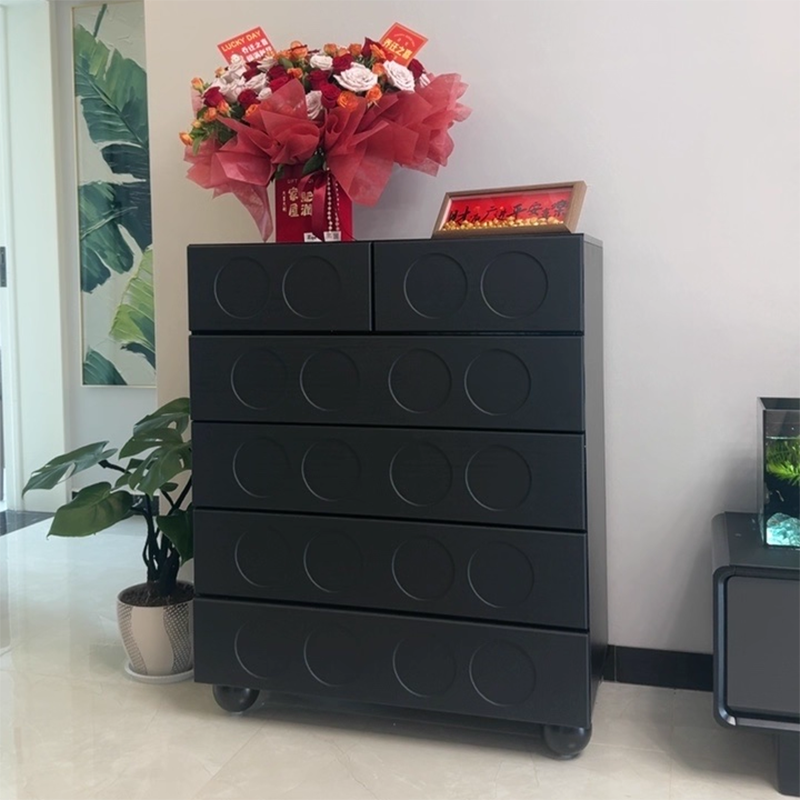 Contemporary Retro Rectangular Round Hole Plywood Particle Board Multi-Compartment Storage Cabinet 6-Drawer For Living Room