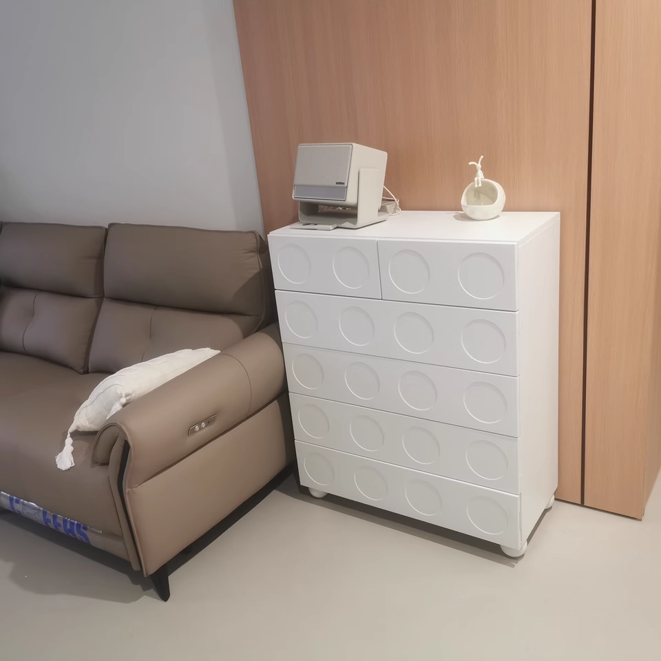 Contemporary Retro Rectangular Round Hole Plywood Particle Board Multi-Compartment Storage Cabinet 6-Drawer For Living Room