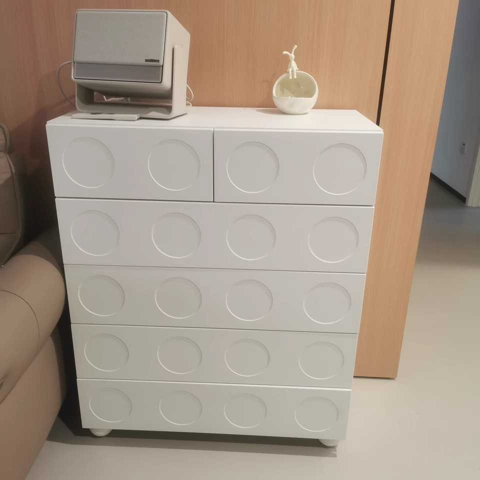 Contemporary Retro Rectangular Round Hole Plywood Particle Board Multi-Compartment Storage Cabinet 6-Drawer For Living Room