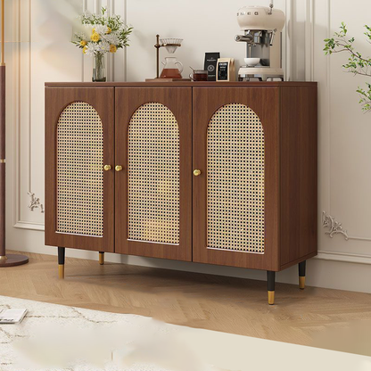 Traditional Rustic Rectangular Particle Board MDF Glass Faux Rattan Weaving Large Capacity Storage Cabinet 3-Tier For Living Room
