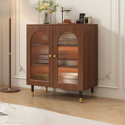 Traditional Rustic Rectangular Particle Board MDF Glass Faux Rattan Weaving Large Capacity Storage Cabinet 3-Tier For Living Room