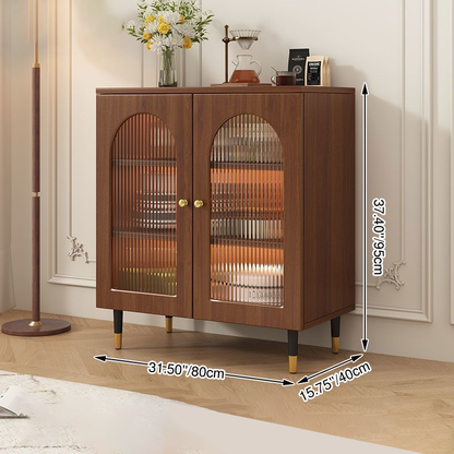 Traditional Rustic Rectangular Particle Board MDF Glass Faux Rattan Weaving Large Capacity Storage Cabinet 3-Tier For Living Room
