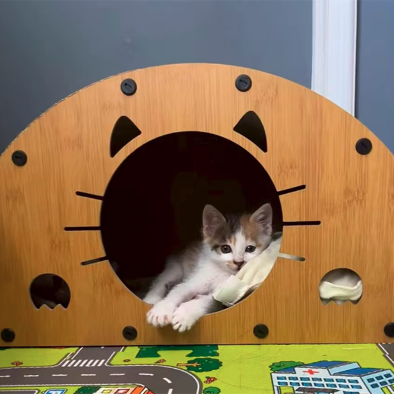 Traditional Rustic Wear-Resistant Semi-Circular MDF Corrugated Paper Integrated Cat Scratcher Cat Beds 1-Cabinet For Living Room