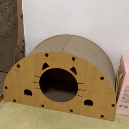 Traditional Rustic Wear-Resistant Semi-Circular MDF Corrugated Paper Integrated Cat Scratcher Cat Beds 1-Cabinet For Living Room