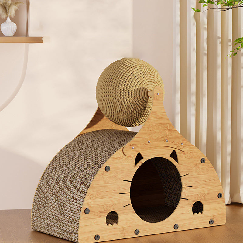 Traditional Rustic Wear-Resistant Semi-Circular MDF Corrugated Paper Integrated Cat Scratcher Cat Beds 1-Cabinet For Living Room
