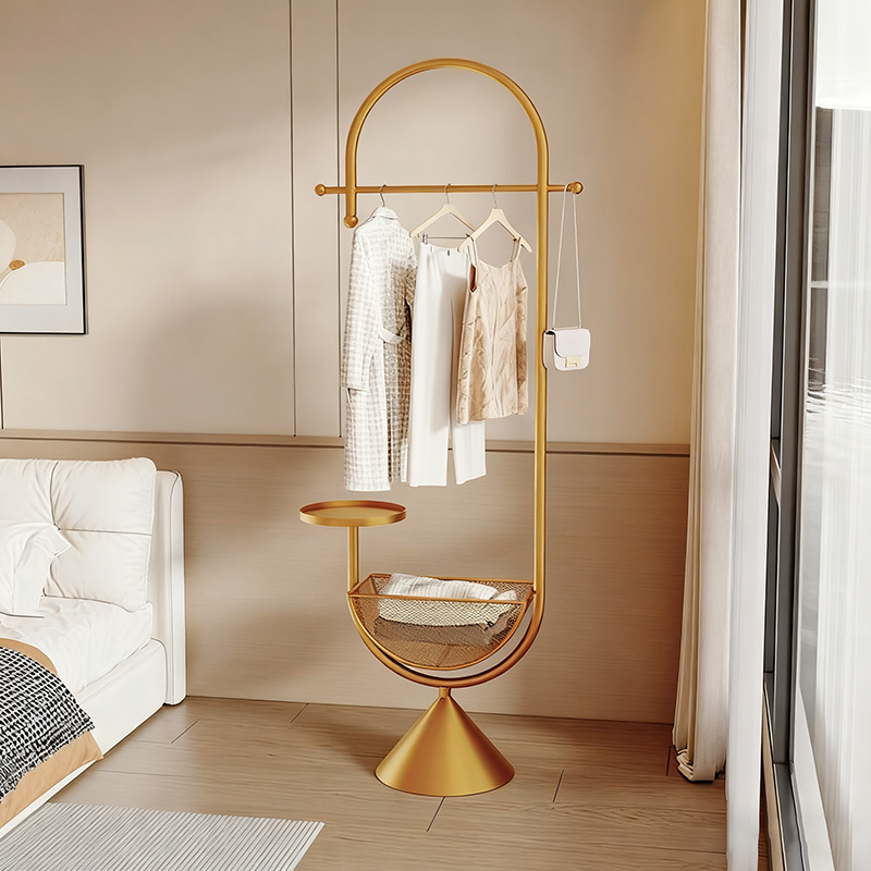 Modern Minimalist G-Shaped Iron Carbon Steel Floor-Standing Hall Tree 1-Basket For Bedroom