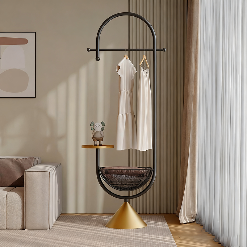 Modern Minimalist G-Shaped Iron Carbon Steel Floor-Standing Hall Tree 1-Basket For Bedroom
