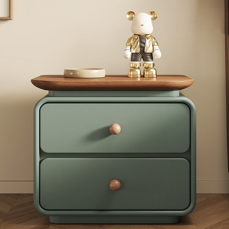 Modern Minimalist Solid Wood & Plywood Faux Leather Square Nightstand 2-Drawer For Bedroom