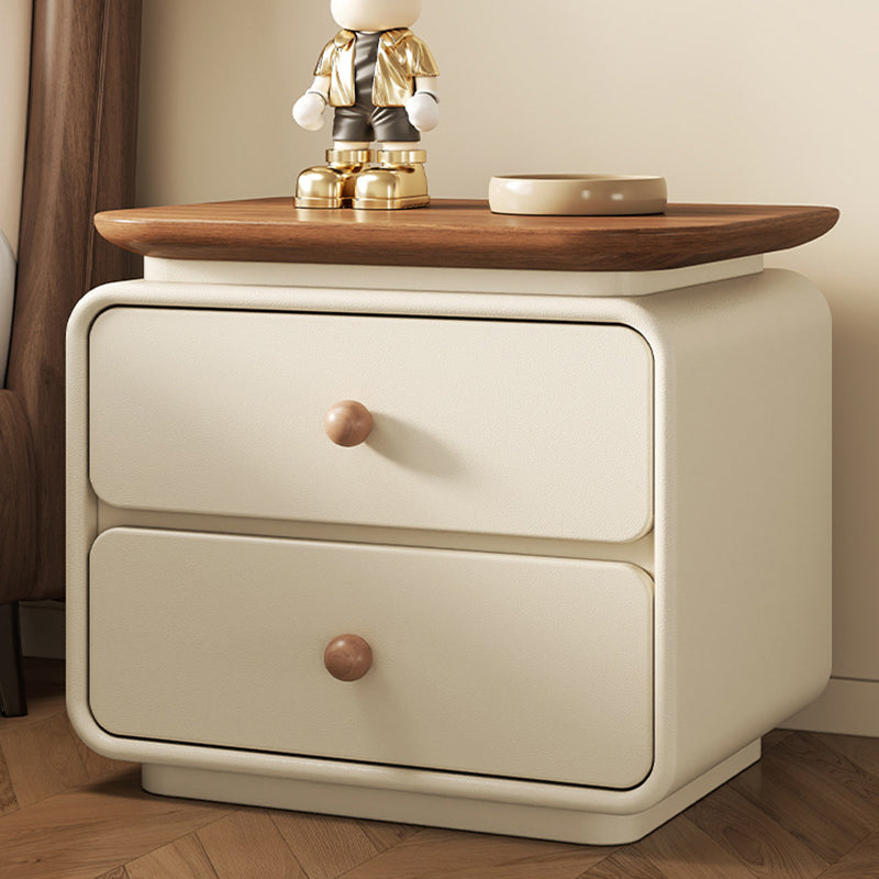 Modern Minimalist Solid Wood & Plywood Faux Leather Square Nightstand 2-Drawer For Bedroom