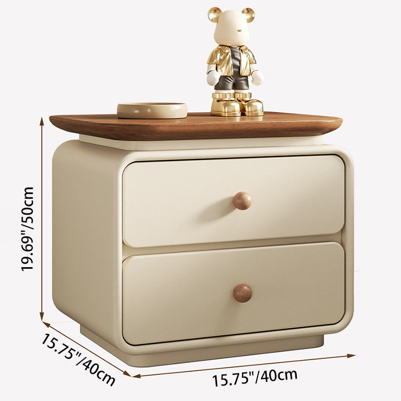 Modern Minimalist Solid Wood & Plywood Faux Leather Square Nightstand 2-Drawer For Bedroom