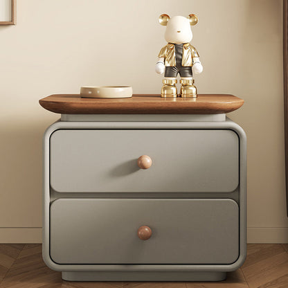 Modern Minimalist Solid Wood & Plywood Faux Leather Square Nightstand 2-Drawer For Bedroom