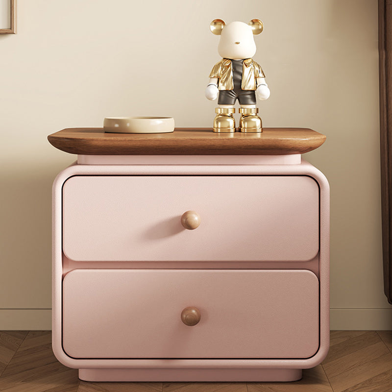 Modern Minimalist Solid Wood & Plywood Faux Leather Square Nightstand 2-Drawer For Bedroom