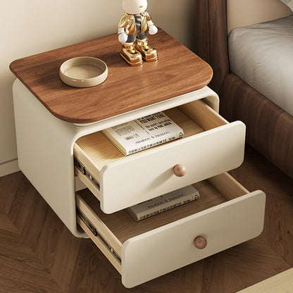 Modern Minimalist Solid Wood & Plywood Faux Leather Square Nightstand 2-Drawer For Bedroom