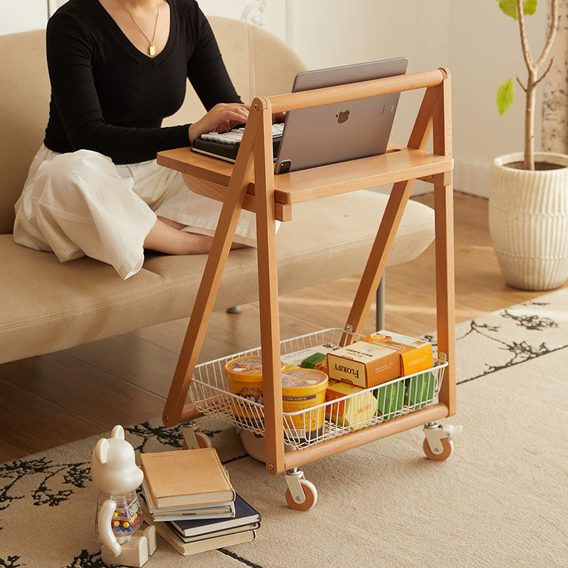 Contemporary Retro Solid Wood Iron Square Movable End Table 2-Tier For Living Room