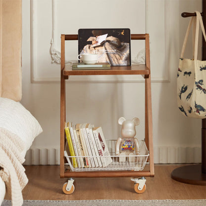 Contemporary Retro Solid Wood Iron Square Movable End Table 2-Tier For Living Room
