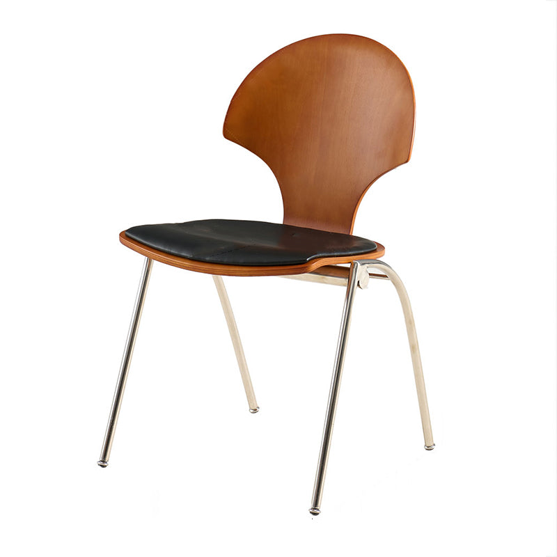 Traditional Vintage Ginkgo Leaves Shape Plywood Stainless Steel Faux Leather Dining Chair Backrest Armless For Dining Room