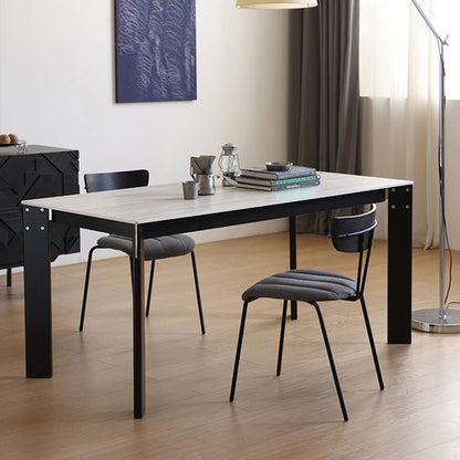 Modern Minimalist Rectangular Travertine Stone Rock Slab & Solid Bench Wood Iron Dining Table For 4-6 Seats