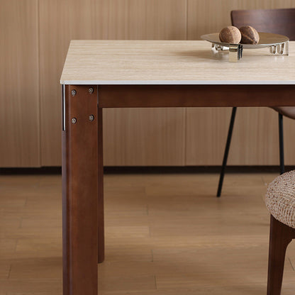 Modern Minimalist Rectangular Travertine Stone Rock Slab & Solid Bench Wood Iron Dining Table For 4-6 Seats