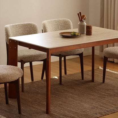 Modern Minimalist Rectangular Travertine Stone Rock Slab & Solid Bench Wood Iron Dining Table For 4-6 Seats