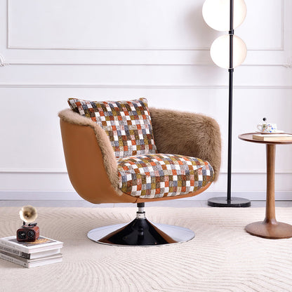 Scandinavian Faux Fur 360 Swivel Accent Chair - Faux Eco-Leather & Chenille Fabric Lounge Chair For Living Room & Bedroom