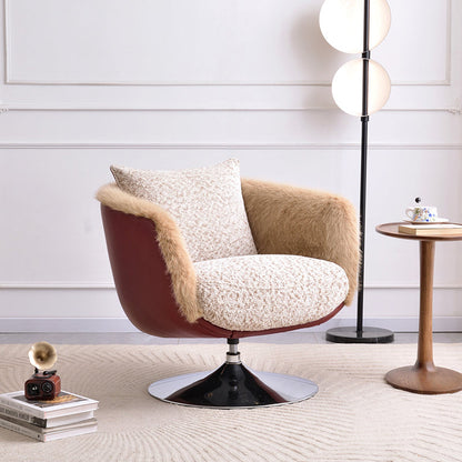 Scandinavian Faux Fur 360 Swivel Accent Chair - Faux Eco-Leather & Chenille Fabric Lounge Chair For Living Room & Bedroom