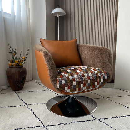 Scandinavian Faux Fur 360 Swivel Accent Chair - Faux Eco-Leather & Chenille Fabric Lounge Chair For Living Room & Bedroom