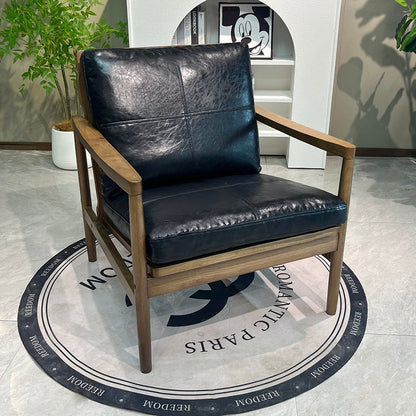 Traditional Chinese Accent Chair - Solid Rubberwood Frame With Oil-Wax Leather Seat Leisure Chair For Living Room & Study