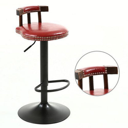 Contemporary Luxury Round Faux Oil-Waxed Leather Iron Bar Stool Backrest Footrest For Dining Room