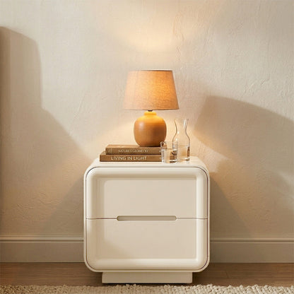 Contemporary Nordic Cream Nightstand - Rounded Corner 2-Drawer High Gloss Bedside Table For Bedroom