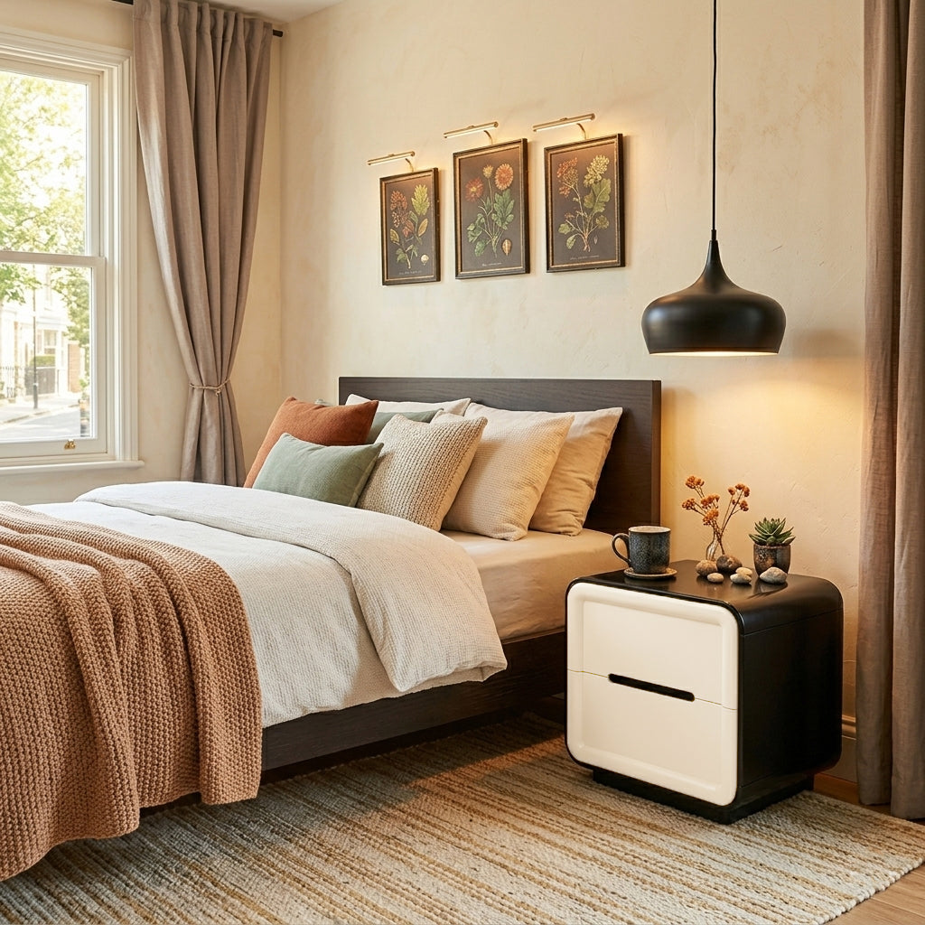 Contemporary Nordic Cream Nightstand - Rounded Corner 2-Drawer High Gloss Bedside Table For Bedroom