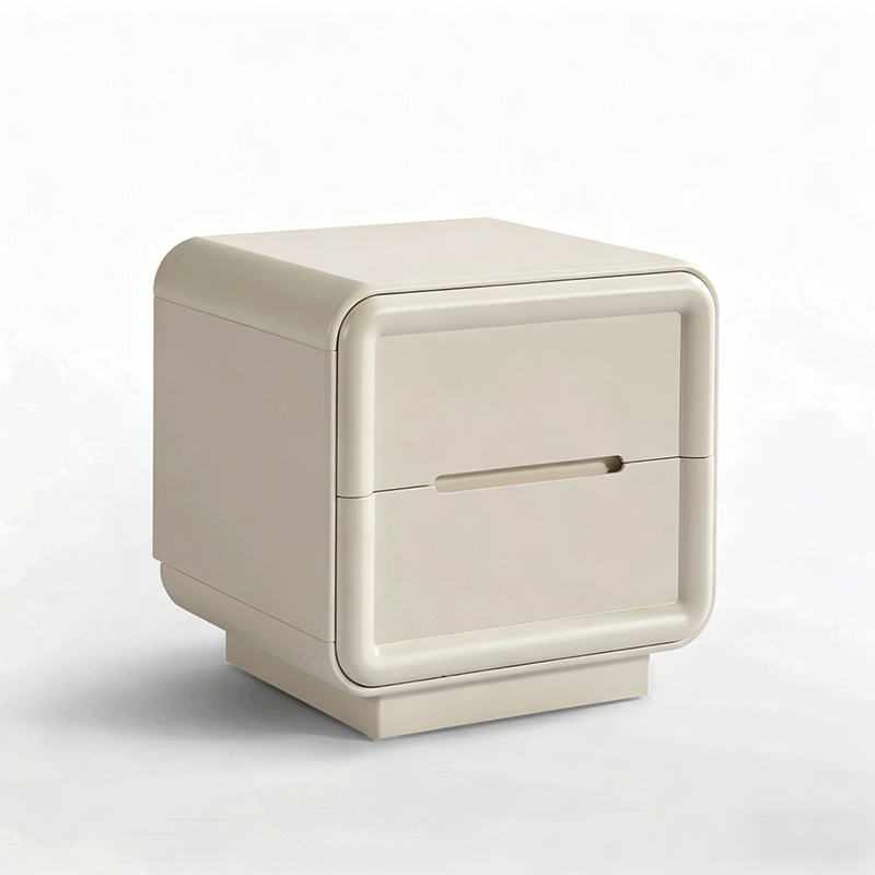 Contemporary Nordic Cream Nightstand - Rounded Corner 2-Drawer High Gloss Bedside Table For Bedroom