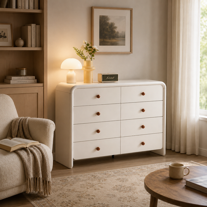 Cream Nordic 8-Drawer Dresser - Curved Edge Cream MDF Large Capacity Storage Cabinet For Bedroom