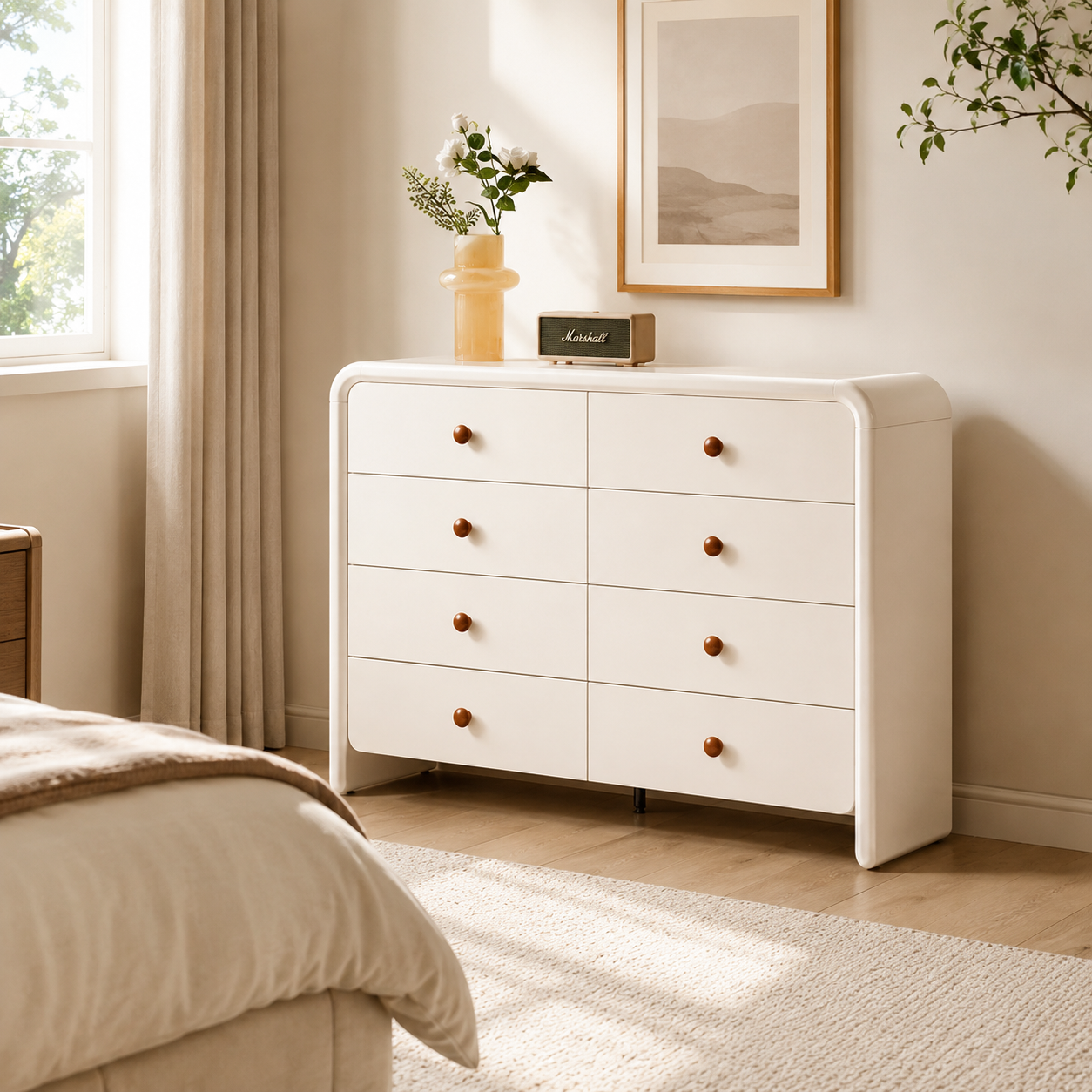 Cream Nordic 8-Drawer Dresser - Curved Edge Cream MDF Large Capacity Storage Cabinet For Bedroom