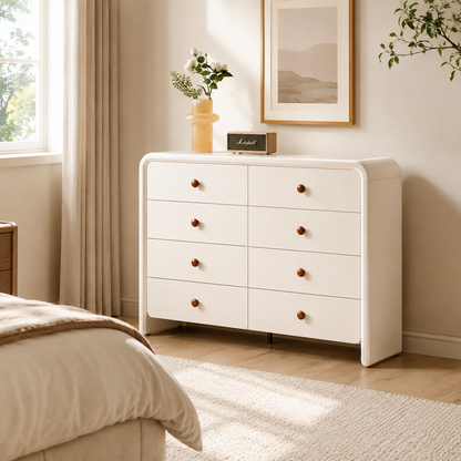 Cream Nordic 8-Drawer Dresser - Curved Edge Cream MDF Large Capacity Storage Cabinet For Bedroom