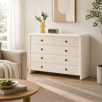 Cream Nordic 8-Drawer Dresser - Curved Edge Cream MDF Large Capacity Storage Cabinet For Bedroom
