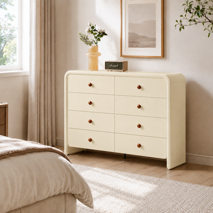 Cream Nordic 8-Drawer Dresser - Curved Edge Cream MDF Large Capacity Storage Cabinet For Bedroom