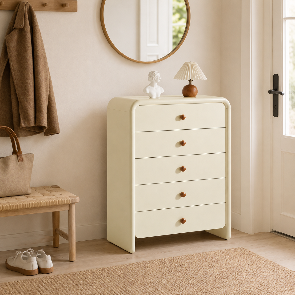 Vertical Cream MDF Tall Chest - Large Capacity Partitioned 5-Drawer Storage Cabinet For Living Room & Bedroom