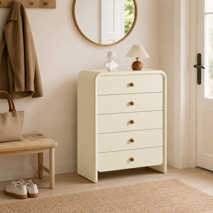 Vertical Cream MDF Tall Chest - Large Capacity Partitioned 5-Drawer Storage Cabinet For Living Room & Bedroom
