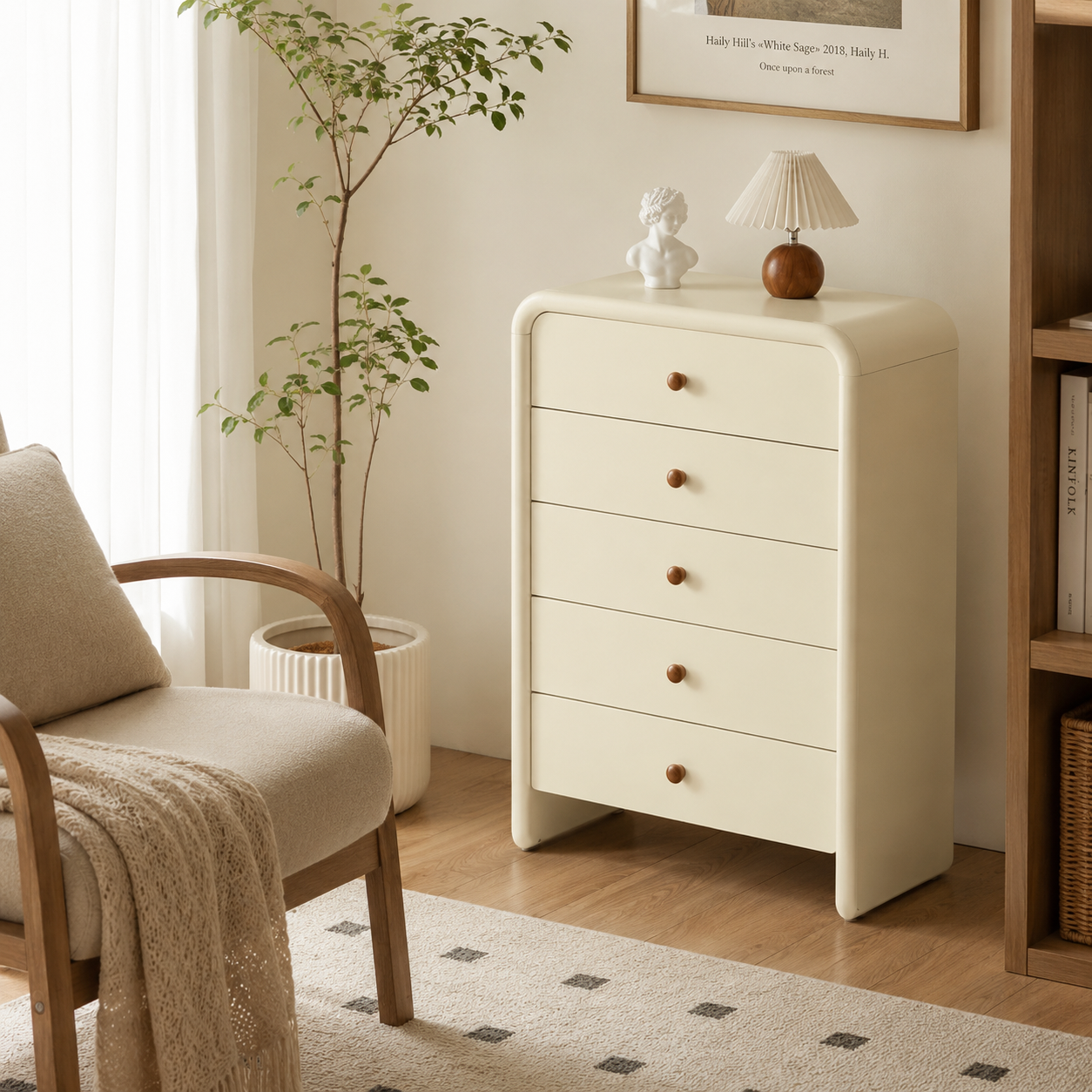 Vertical Cream MDF Tall Chest - Large Capacity Partitioned 5-Drawer Storage Cabinet For Living Room & Bedroom
