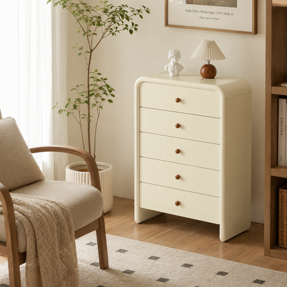 Vertical Cream MDF Tall Chest - Large Capacity Partitioned 5-Drawer Storage Cabinet For Living Room & Bedroom
