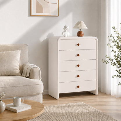 Vertical Cream MDF Tall Chest - Large Capacity Partitioned 5-Drawer Storage Cabinet For Living Room & Bedroom